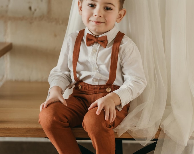 Featured listing image: Children's Groomsmen's Suspender Trousers | Victor Style | Elastic Waist and Suspenders | Viscose Linen | Bow Tie Option