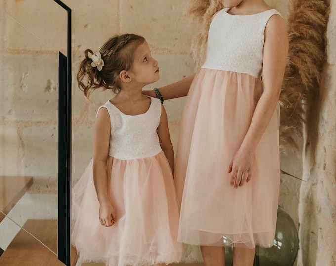 Featured listing image: Girls' Bridesmaid Dress | Lana Style | Long or Short Version | Tulle Petticoat and English Embroidery Top