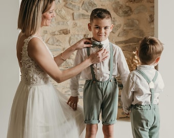 Children's groomsman suspender shorts | Marius model | Elastic waist and suspenders | Viscose linen | Bow tie option
