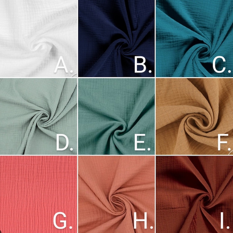 May include: Nine swatches of fabric in various colors, including white, navy blue, teal, sage green, and coral. The fabric has a textured, crinkled appearance, and each swatch is labeled with a letter from A to I.