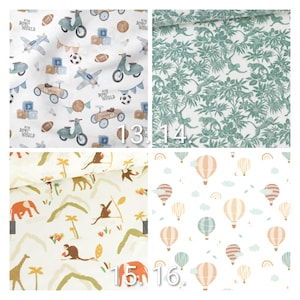 May include: Four fabric swatches with different patterns. One features toy cars, planes, scooters, and blocks with the text "BOYS WORLD". Another shows monkeys in a jungle setting. The third has safari animals. The last has hot air balloons.