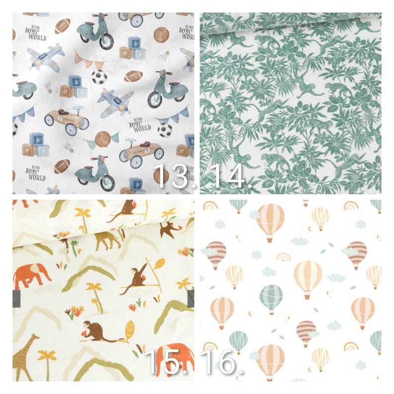 May include: Four fabric swatches with different patterns. One features toy cars, planes, scooters, and blocks with the text "BOYS WORLD". Another shows monkeys in a jungle setting. The third has safari animals. The last has hot air balloons.
