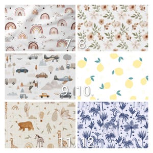 May include: A collection of fabric swatches featuring various patterns. Designs include rainbows, floral arrangements, lemons, vehicles, and safari animals. The color palette is soft, with pastel hues and neutral tones.