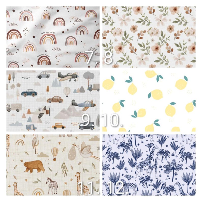 May include: A collection of fabric swatches featuring various patterns. Designs include rainbows, floral arrangements, lemons, vehicles, and safari animals. The color palette is soft, with pastel hues and neutral tones.