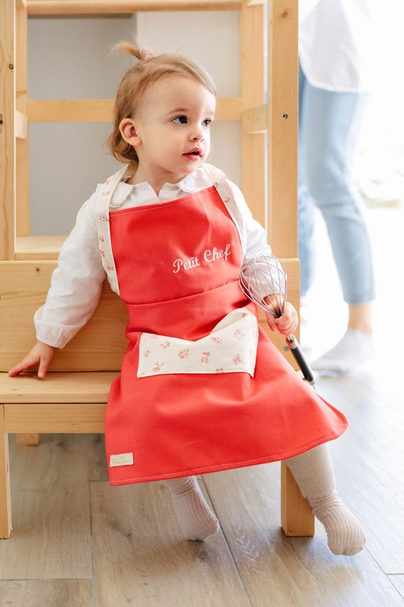 Tablier de Cuisine pour Enfants, Fraise Rouge, Réglable, Respirant, en Coton, Cadeau de Cuisine pour Enfants