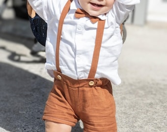 Boy's pageboy bib shorts | Marius style | Elasticated waist and straps | Linen viscose | Bow tie option