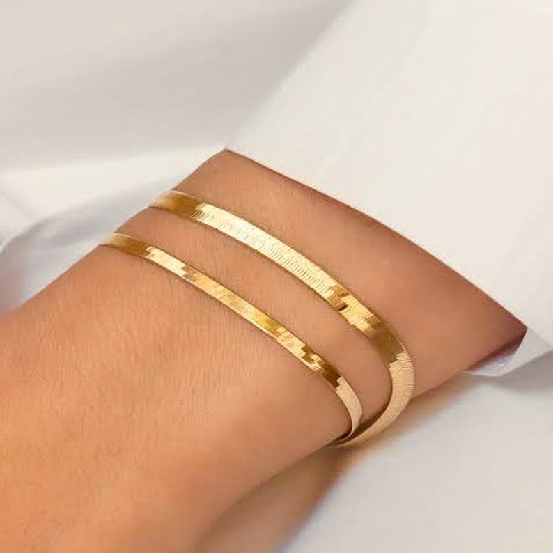 Gold herringbone chain bracelet Flat snake chain bracelet 3mm Etsy