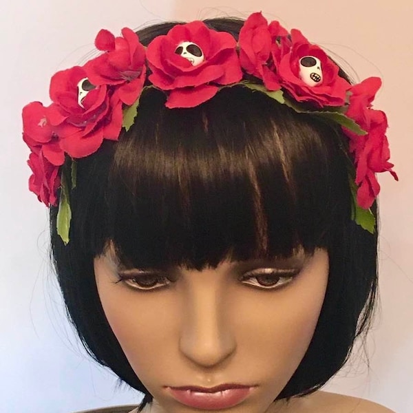 Braut Blumenhaarreif Schädel Gothic Punk Hochzeit Blumen Haarschmuck Haarreif Blumenkrone Kopfschmuck Blüten Totenkopf dia de los muertos