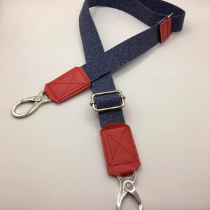 Shoulder strap, bag strap, mobile phone strap, change belt, jeans blue, red, 30 mm wide, adjustable, silver carabiner and leather application