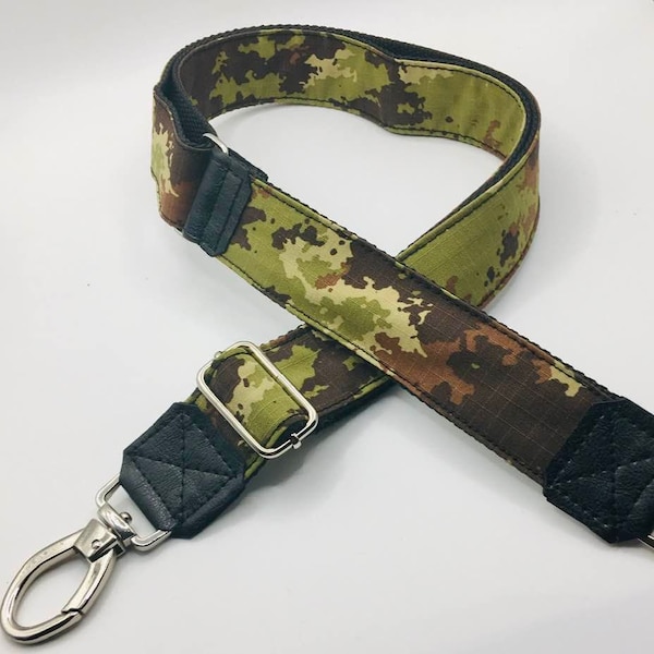 Shoulder strap bag strap interchangeable strap strap camouflage olive black 40 mm adjustable silver carabiner and leather application