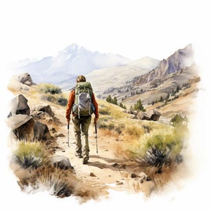 Randonneur en montagne, clipart aquarelle imprimable, 10 fichiers JPG aquarelle de haute qualité, créations en papier, fabrication de cartes