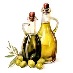 Puede incluir: Ilustraci&oacute;n en acuarela de dos botellas de aceite de oliva de vidrio con tapones de corcho. Una botella contiene aceite de oliva oscuro, la otra est&aacute; llena de aceite amarillo. Aceitunas verdes y ramas de olivo dispuestas alrededor de las botellas.
