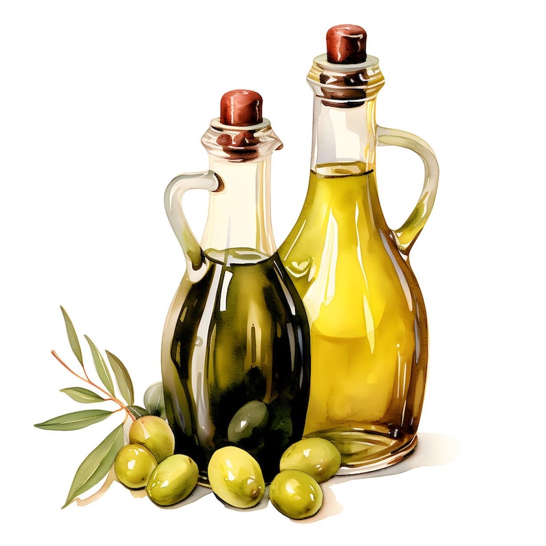 Puede incluir: Ilustraci&oacute;n en acuarela de dos botellas de aceite de oliva de vidrio con tapones de corcho. Una botella contiene aceite de oliva oscuro, la otra est&aacute; llena de aceite amarillo. Aceitunas verdes y ramas de olivo dispuestas alrededor de las botellas.