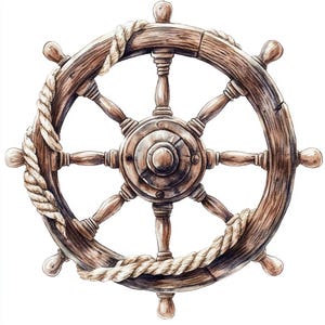 Può includere: Un timone di nave in legno con una corda avvolta attorno. Il timone ha otto raggi e un bordo in legno marrone.