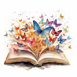 Schmetterlinge fliegen aus einem Buch, druckbare Aquarell Clipart, 10 hochwertige Aquarell JPGs, Papierhandwerk, Kartenherstellung