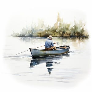 Pescador en un barco, clipart de acuarela imprimible, 10 archivos JPG de acuarela de alta calidad, manualidades de papel, fabricación de tarjetas