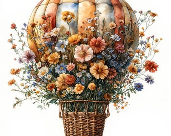 Hot air balloon with flowers, Printable Watercolor clipart, 10 High Quality Watercolor JPGs, Paper crafts, Card Making