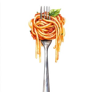 May include: A watercolour illustration of spaghetti with tomato sauce and a basil leaf, held on a silver fork. The pasta is a golden yellow, and the sauce is a vibrant red. The fork is centred against a white background.