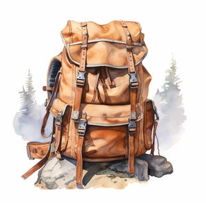 May include: A brown leather backpack with multiple straps and buckles. The backpack is sitting on a rock with a blurred background of trees.