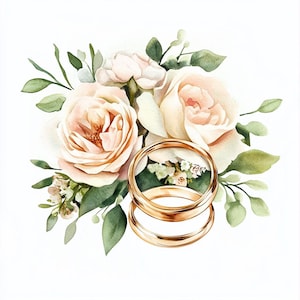 Twee trouwringen en bloemen, trouwkaart, afdrukbare aquarel clipartbundel, 10 hoogwaardige aquarel jpg's, Papierkunst, Kaarten maken