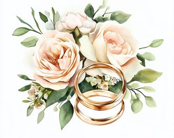 Zwei Eheringe und Blumen, Hochzeitskarte, druckbares Aquarell Clipart Bundle, 10 hochwertige JPGs zum Basteln, Papierbasteln