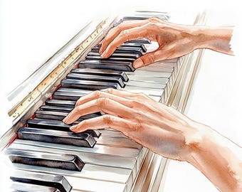 Piano Keys Watercolor Clipart: Hands Playing Music (Digital Download)