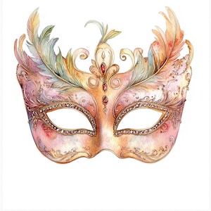 Carnavalsmasker, afdrukbare aquarel clipart, 10 hoogwaardige aquarel jpg's, knutselen, kaarten maken