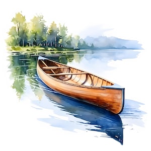 Kano op een meer, serene natuur, afdrukbare aquarel clipartbundel, 10 hoogwaardige aquarel jpg's, Papierkunst en Kaarten maken
