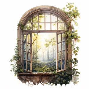 Bella vista dalla finestra sulla natura, Clipart acquerello stampabile, 10 JPG acquerello di alta qualità, Artigianato di carta, Creazione di biglietti