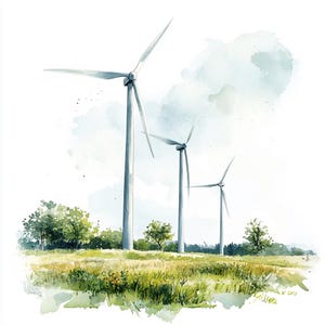 Turbinas eólicas, energia renovável, pacote de clipart de aquarela para impressão, 10 JPGs de aquarela de alta qualidade, artesanato em papel, criação de cartões
