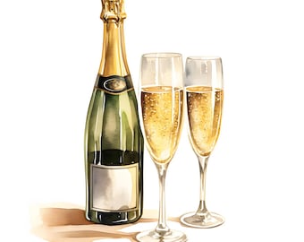 Champagne Bottle and Two Glasses, Printable Watercolor Clipart Bundle, 10 High Quality Watercolor JPGs, Paper crafts, Card Making