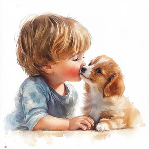 Ragazzino che bacia un cucciolo, clipart acquerello stampabile, 10 JPG acquerello di alta qualità, lavoretti di carta, creazione di biglietti