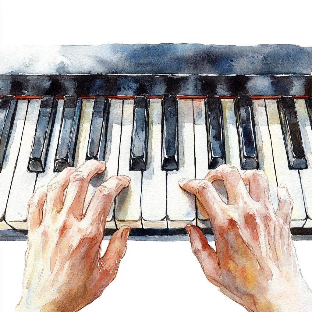 ピアノの鍵盤の水彩画クリップアート：音楽を演奏する手（デジタル