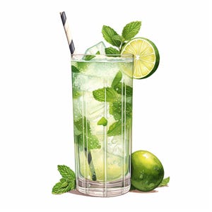 Cocktail Mojito, Clipart acquerello stampabile, 10 JPG acquerello di alta qualità, Artigianato di carta, Creazione di biglietti