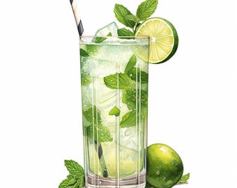 Mojito cocktail, Printable Watercolor clipart, 10 High Quality Watercolor JPGs, Paper crafts, Card Making