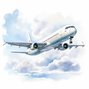 May include: A white passenger airplane taking off, painted against a backdrop of watercolor clouds. The aircraft has two engines and is ascending, with its landing gear partially deployed. The sky is a mix of blue and white.