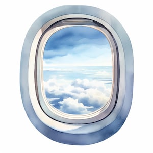 Vista da janela do avião, pacote de clipart de aquarela para impressão, 10 JPGs de aquarela de alta qualidade, artesanato em papel, criação de cartões