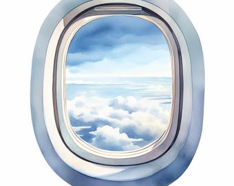 Airplane Window View, Printable Watercolor Clipart Bundle, 10 High Quality Watercolor JPGs, Paper crafts, Card Making