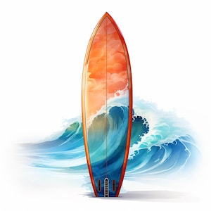 Planche de surf, clipart aquarelle imprimable, 10 fichiers JPG aquarelle de haute qualité, créations en papier, fabrication de cartes