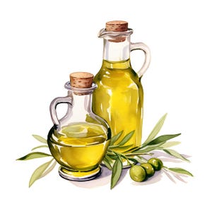 Puede incluir: Ilustraci&oacute;n en acuarela de dos botellas de aceite de oliva de vidrio con tapones de corcho. Las botellas est&aacute;n llenas de aceite amarillo y est&aacute;n rodeadas de ramas y aceitunas verdes. La imagen est&aacute; sobre un fondo blanco.