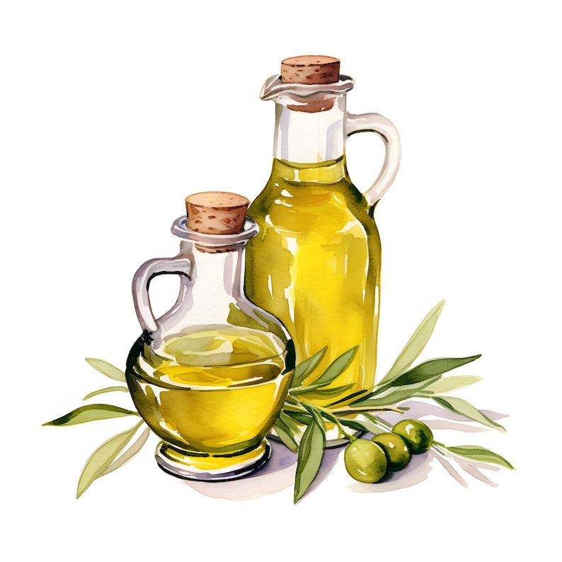 Puede incluir: Ilustraci&oacute;n en acuarela de dos botellas de aceite de oliva de vidrio con tapones de corcho. Las botellas est&aacute;n llenas de aceite amarillo y est&aacute;n rodeadas de ramas y aceitunas verdes. La imagen est&aacute; sobre un fondo blanco.
