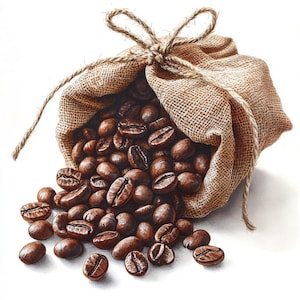Chicchi di caffè in un sacco, Clipart acquerello stampabile, 10 JPG acquerello di alta qualità, Artigianato di carta, Creazione di biglietti