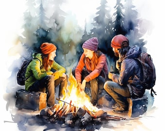 People Sitting by the Campfire, Printable Watercolor clipart, 10 High Quality Watercolor JPGs, Paper crafts, Card Making