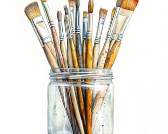 May include: A glass jar filled with a variety of paintbrushes of different sizes and colors. The brushes are arranged in a vertical position, with the handles pointing upwards. The jar is clear glass and has a wide mouth.