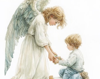 Guardian Angel Playing with Child, Printable Watercolor Clipart Bundle, 10 High Quality Watercolor JPGs, Paper crafts, Card Making