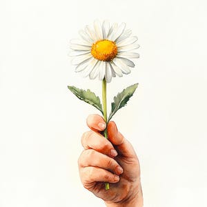 デイジーの花を持つ子供の手、印刷可能な水彩画のクリップアート、10 枚の高品質水彩画 JPG、ペーパークラフト、カード作り