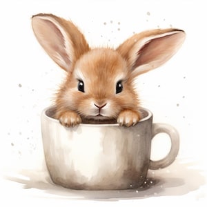Coniglietto in una tazza da tè, Clipart acquerello stampabile, 10 JPG acquerello di alta qualità, Artigianato di carta, Creazione di biglietti