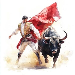 Toreador con toro, corrida, bundle di clipart di acquerelli stampabili, 10 JPG di acquerelli di alta qualità, lavori di carta, creazione di biglietti