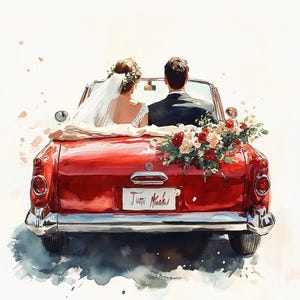Peut inclure: Une voiture rouge vintage avec un panneau "Just Married" à l'arrière. La voiture est décorée d'un bouquet de fleurs rouges, blanches et roses. Une mariée et un marié sont assis à l'arrière.