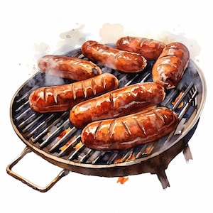 Gegrillte Würstchen vom Grill, druckbares Aquarell Clipart Bundle, 10 hochwertige Aquarell JPGs, Papierhandwerk, Kartenherstellung